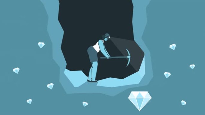 扁平女矿工在矿山用宝石采矿。平面设计卡通人物循环2d动画