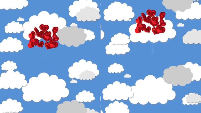 一堆红色心形箔气球漂浮在蓝色背景上的多云图标