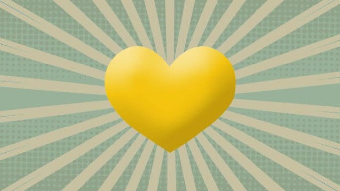 针对绿色背景上移动的放射状射线的黄色心脏图标的数字动画