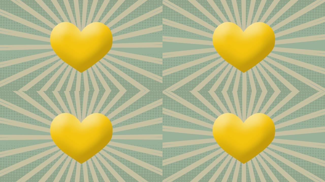 针对绿色背景上移动的放射状射线的黄色心脏图标的数字动画