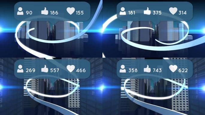 数字图标，在3d城市模型上的蓝光跟踪中数量不断增加