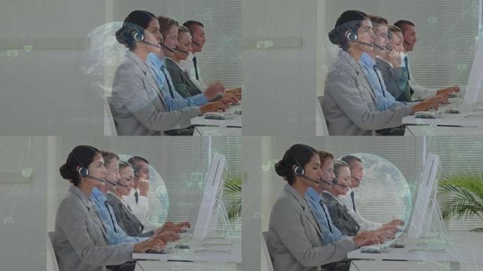 使用电话耳机在商务人士上连接图标的网络动画