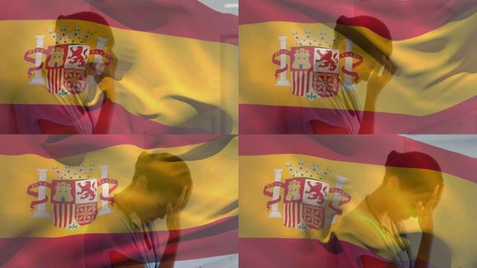 西班牙国旗的数字组成在医院挥舞着紧张的高加索女性卫生工作者