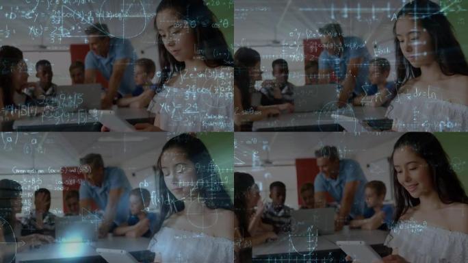 在小学使用数字平板电脑漂浮在白人女孩身上的数学方程式