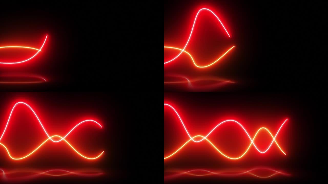 霓虹灯线向前移动和闪烁-发光线-红色条纹-4k抽象红色霓虹灯波线背景-波跃迁-黑色背景上的彩色波-流