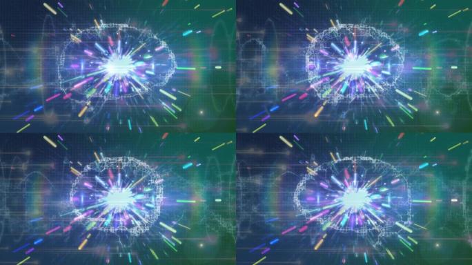 旋转脑部扫描的动画，在五颜六色的火花上