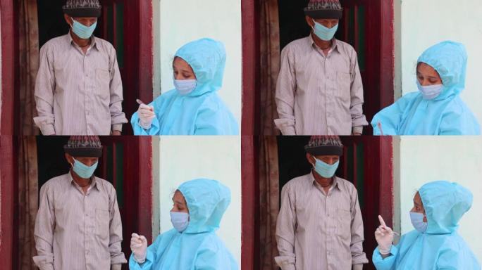 在印度村庄进行有关新型冠状病毒肺炎的ppe工具包中的女护士工人挨家挨户调查