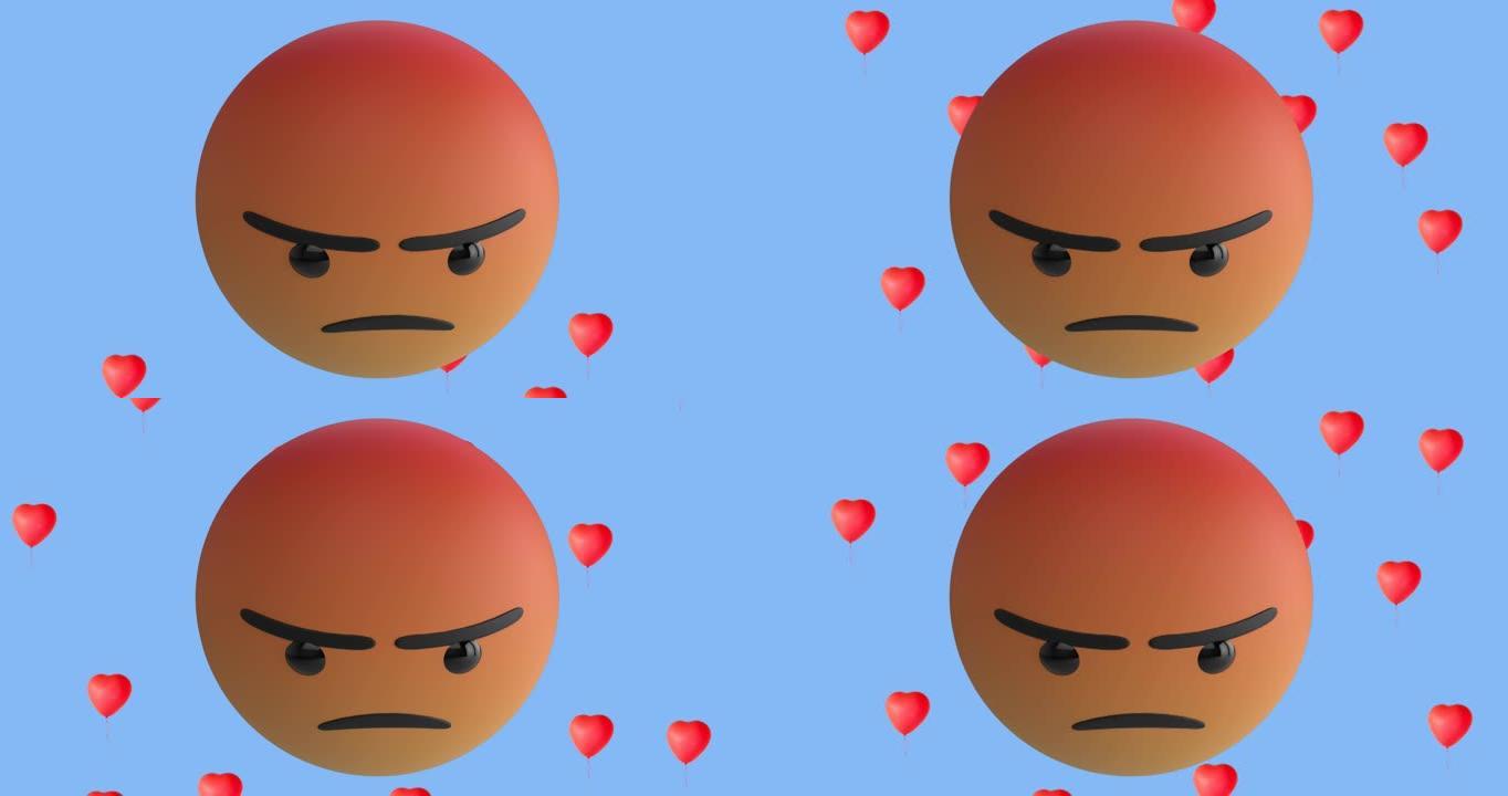 蓝色背景上带有红色心形气球图标的愤怒表情图标动画