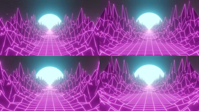 深紫色粉色霓虹灯星系空间的3D动画与20世纪80年代地平线山。80年代复古未来赛博朋克城市背景抽象网