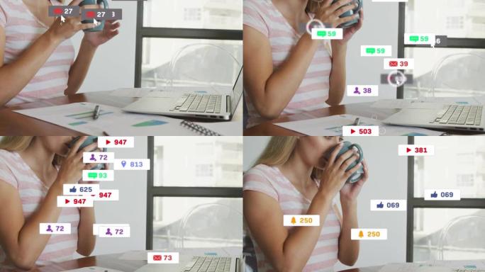 使用笔记本电脑喝咖啡的白人妇女横幅上的社交媒体图标动画