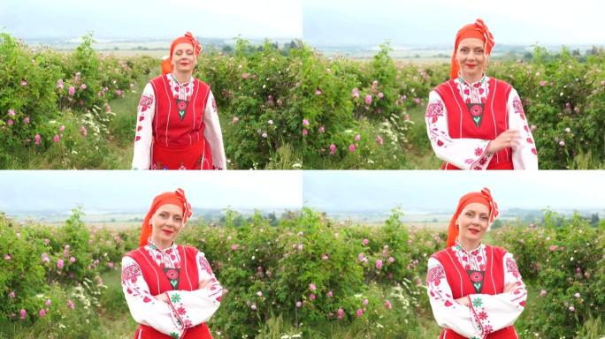 4k中年微笑的女人，穿着保加利亚传统民俗服装，走在锦缎油玫瑰花盛开的灌木丛中。