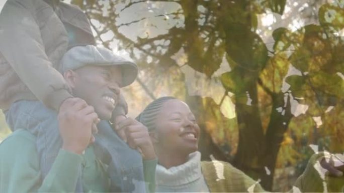 快乐的非裔美国人家庭在大自然中漫步并微笑，在森林上空的动画