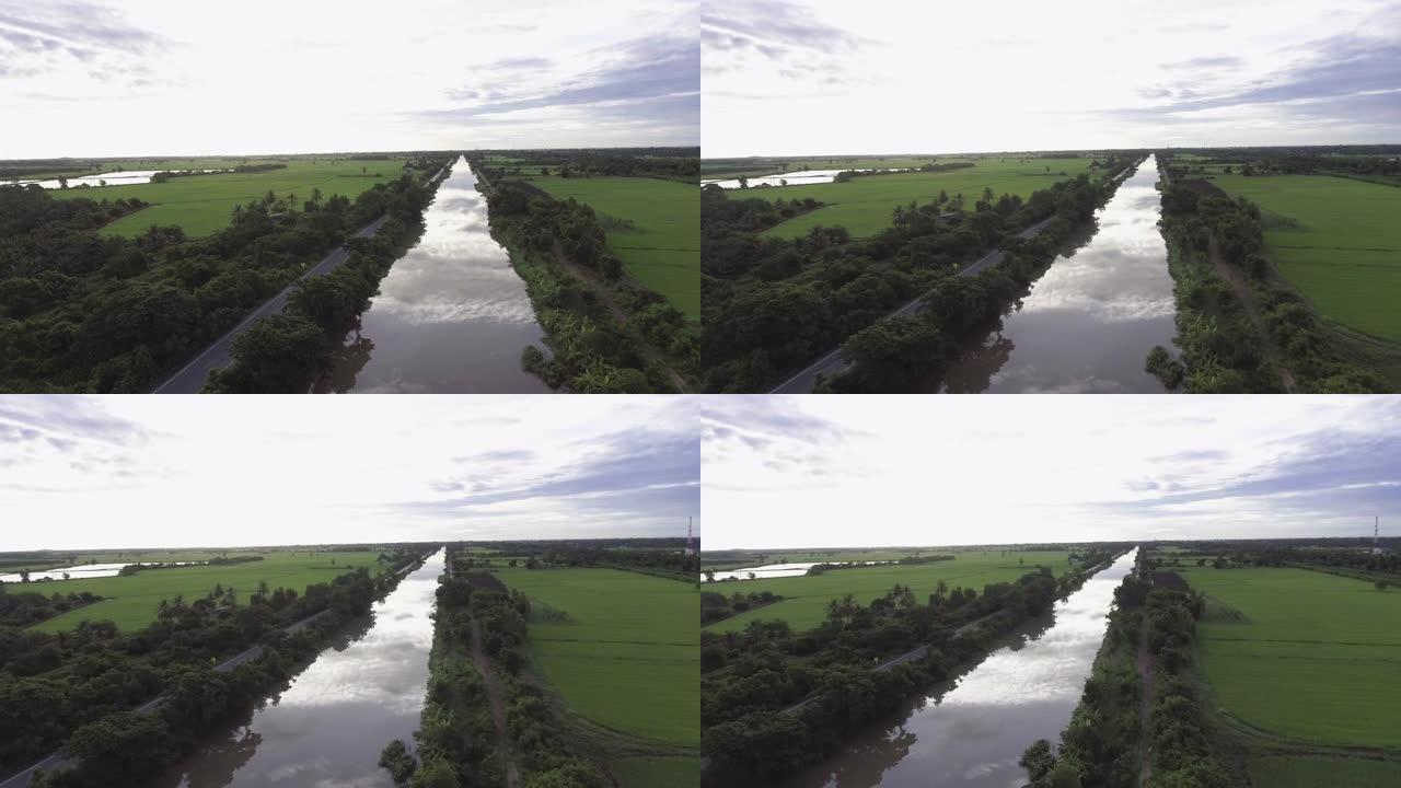 带水渠的农业区空中无人机视图