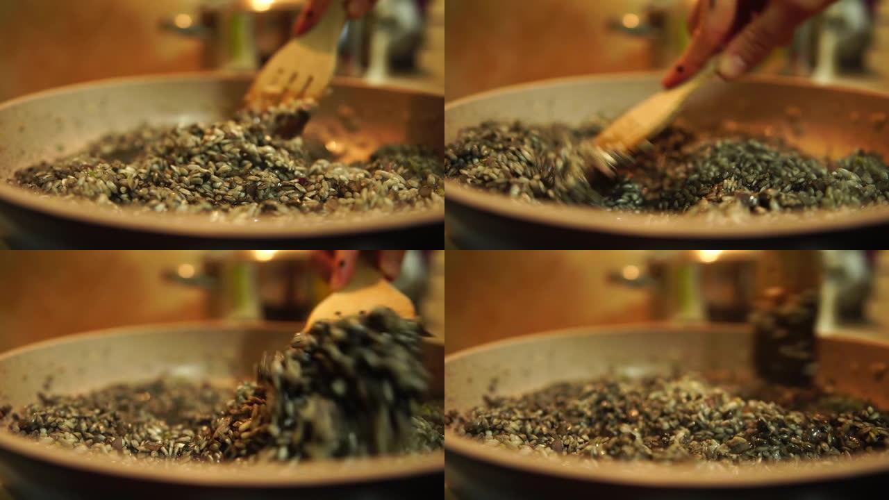 黑烩饭的制作工艺。将酱油与蔬菜和米饭放在锅中搅拌