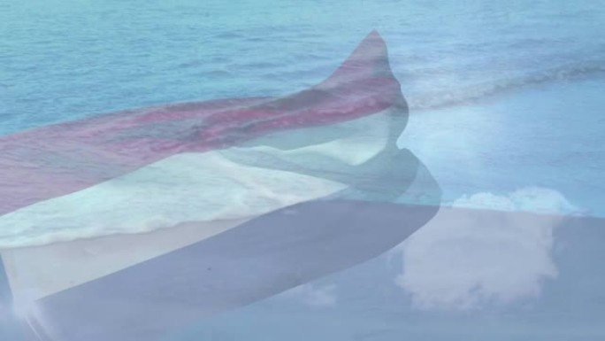 荷兰国旗飘扬在多云的蓝天和海浪的动画