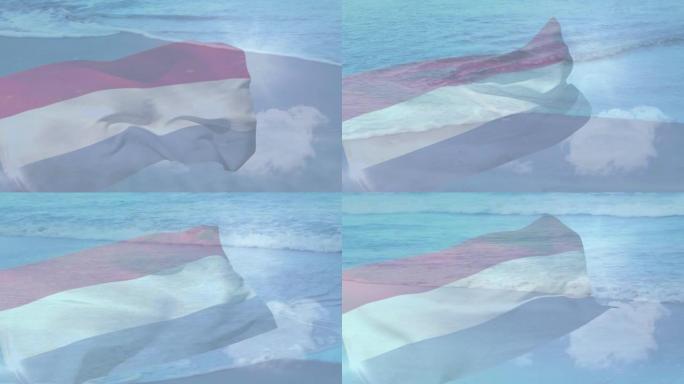 荷兰国旗飘扬在多云的蓝天和海浪的动画
