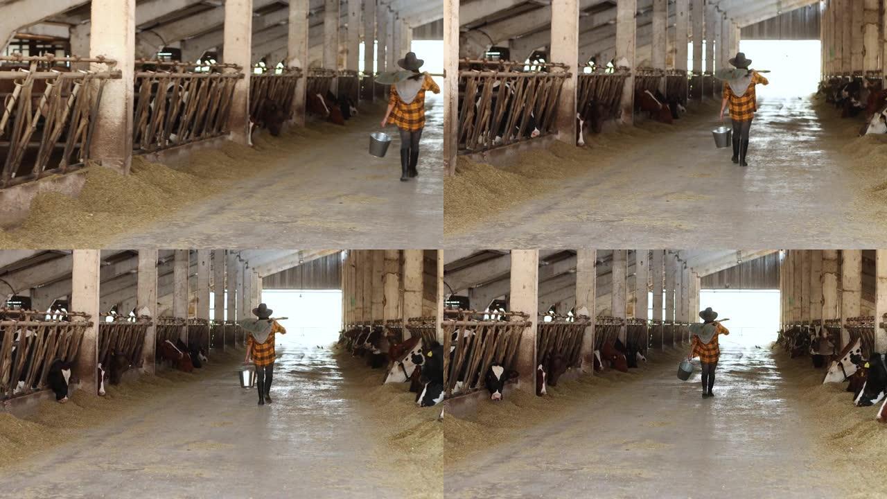 4k视频移动镜头-农场女工拿着桶和铁锹走在农场牛棚里