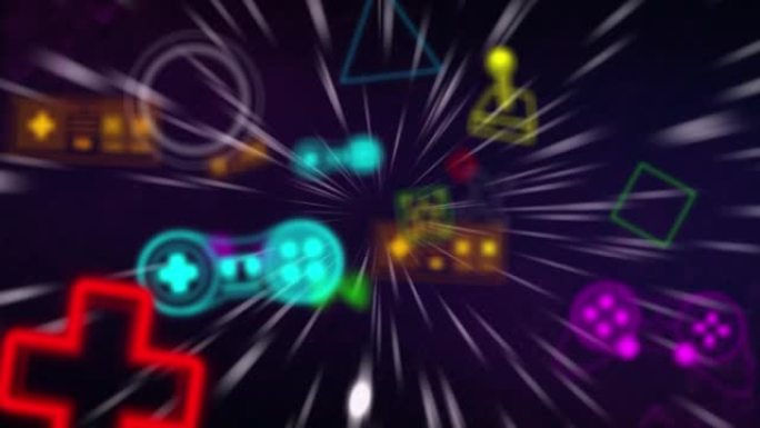霓虹灯视频游戏的动画数字接口在灯光痕迹上闪烁
