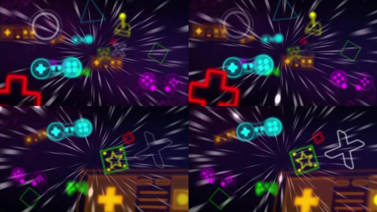 霓虹灯视频游戏的动画数字接口在灯光痕迹上闪烁