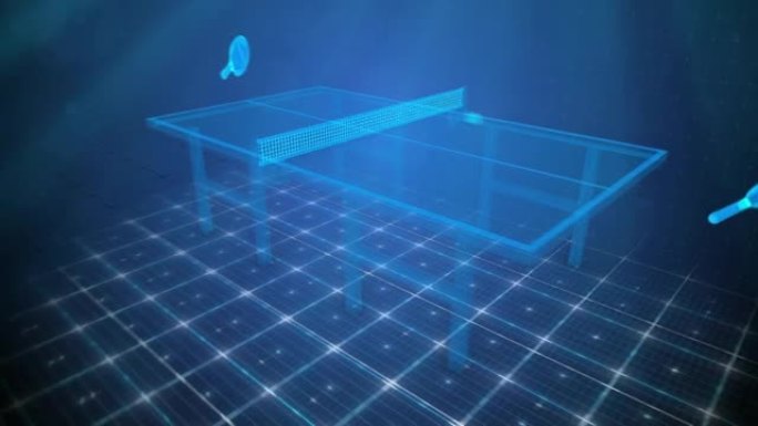 乒乓球游戏高科技全息3D动画。未来派球拍在全息表上来回击打乒乓球。虚拟乒乓球运动游戏无缝循环的科幻平