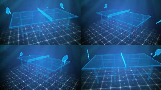 乒乓球游戏高科技全息3D动画。未来派球拍在全息表上来回击打乒乓球。虚拟乒乓球运动游戏无缝循环的科幻平