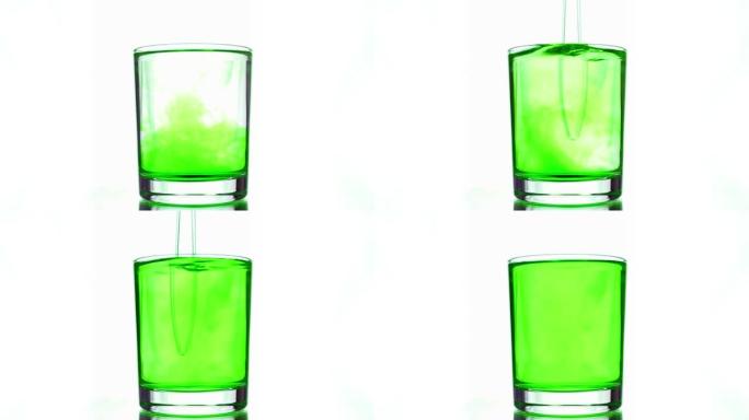 与溶于水玻璃的透明玻璃棒酸性绿色颜料混合