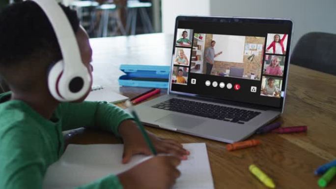 小学生在家中使用笔记本电脑进行在线课程，屏幕上有不同的老师和班级