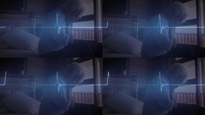 发光的蓝色心率监测器，可抵御坐在家里床上的紧张的高加索高级妇女
