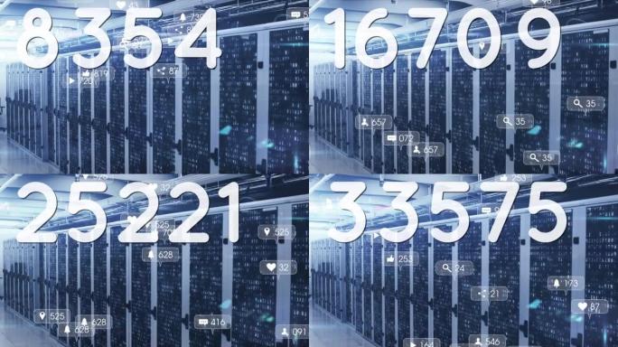 针对计算机服务器机房的多个语音气泡上的数字和数字图标不断增加