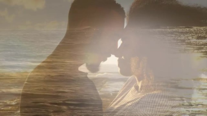 浪漫的非洲裔美国夫妇在海滩上的动画，在海上触摸头部