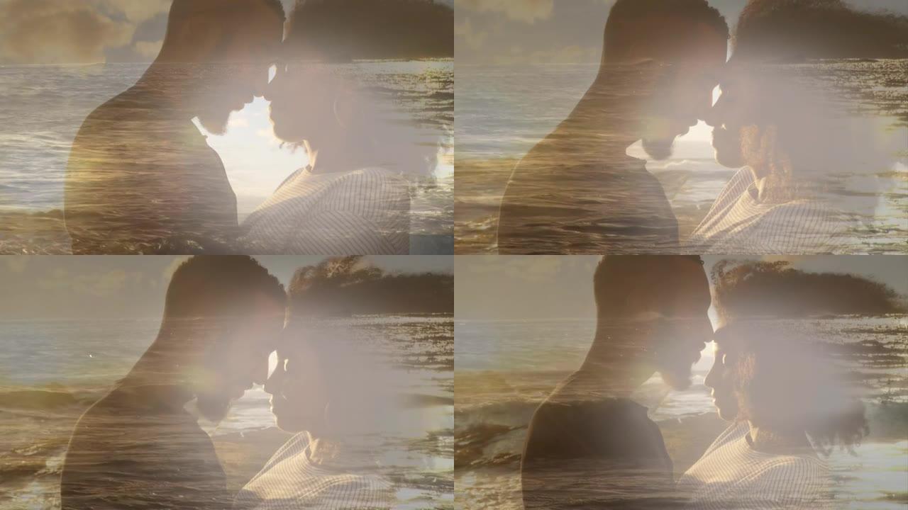 浪漫的非洲裔美国夫妇在海滩上的动画，在海上触摸头部