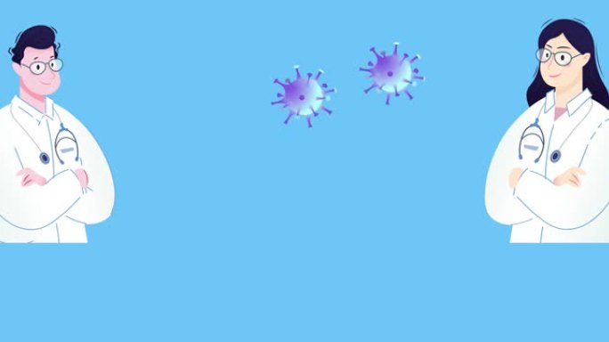 蓝色背景上的covid 19病毒细胞和医生图标的动画