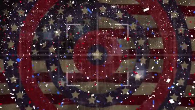 五彩纸屑落在美国国旗星星上并在圆圈上着色的动画