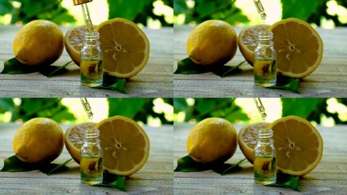 柠檬精油装在一个小瓶子里。选择性聚焦。自然。