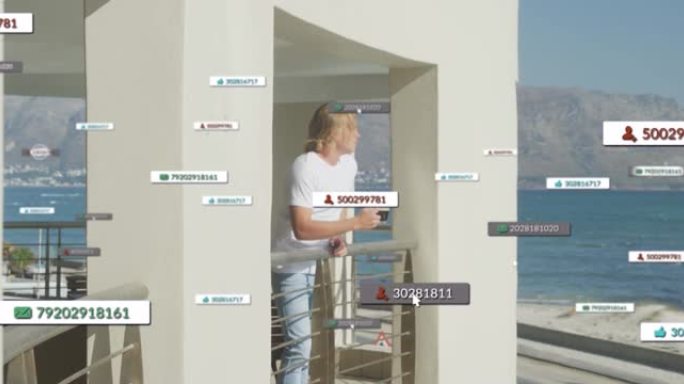 白人男子在海边阳台上喝咖啡的横幅上的社交媒体图标动画