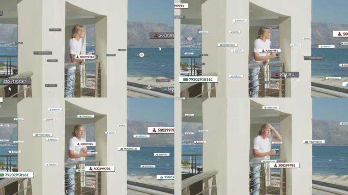 白人男子在海边阳台上喝咖啡的横幅上的社交媒体图标动画