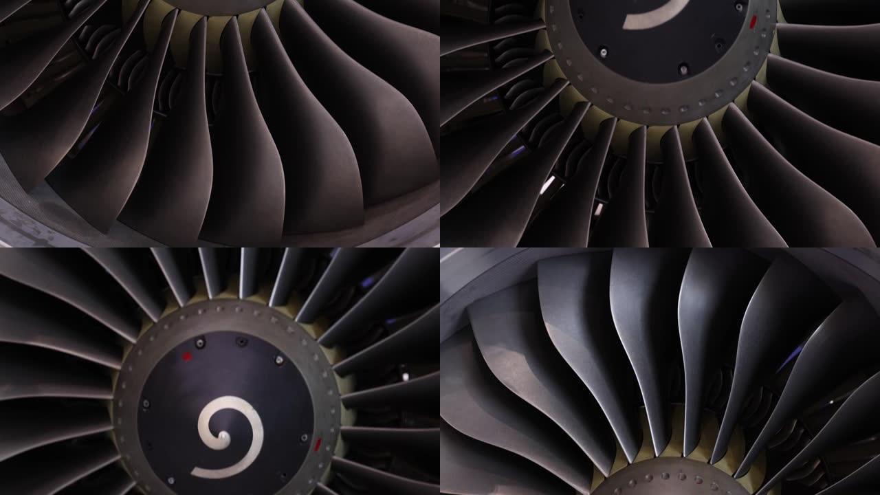 现代涡扇发动机。黑色背景上飞机涡轮喷气发动机的特写。飞机的涡扇发动机的叶片