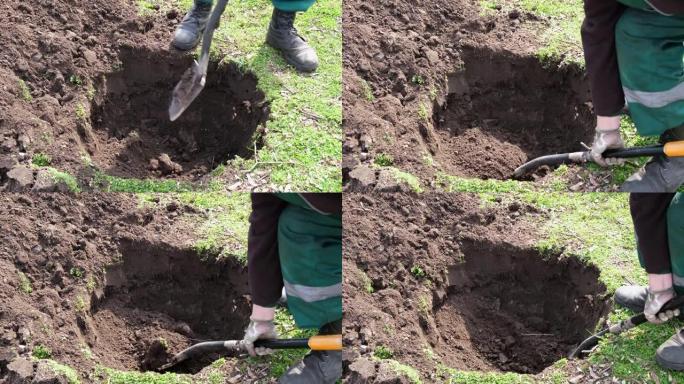 那个人用铲子在地上挖了一个洞。植树。一把铲子正在地下挖。
