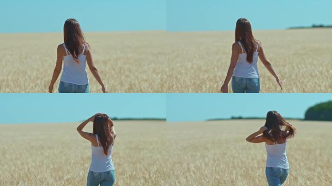 长发的年轻女子沿着金色的田野行走，用手抚摸她的头发。走在麦田里，一道美丽的风景。后视图。4k，普洛雷
