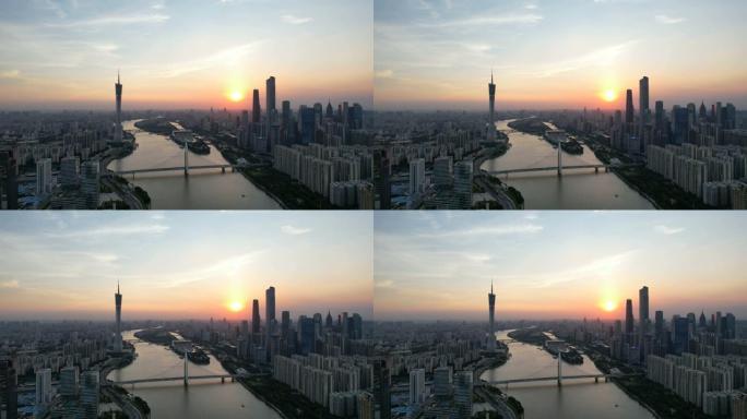 日落时城市天际线的鸟瞰图