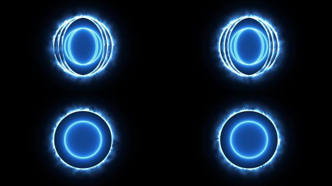 循环发光的蓝色火焰霓虹灯圈与神秘的眼睛。