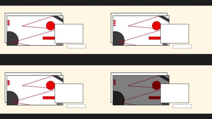 椭圆形框架中的红色和灰色形状的动画，在米色背景上带有复制空间矩形