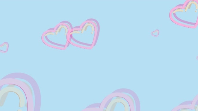 动画粉红色飞行的心在蓝色的背景