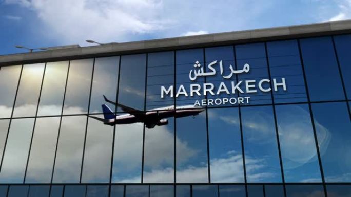 飞机降落在马拉喀什，马拉喀什摩洛哥机场，在航站楼中镜像