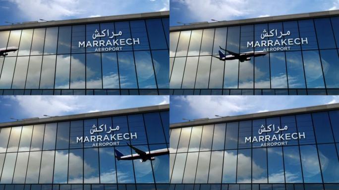 飞机降落在马拉喀什，马拉喀什摩洛哥机场，在航站楼中镜像
