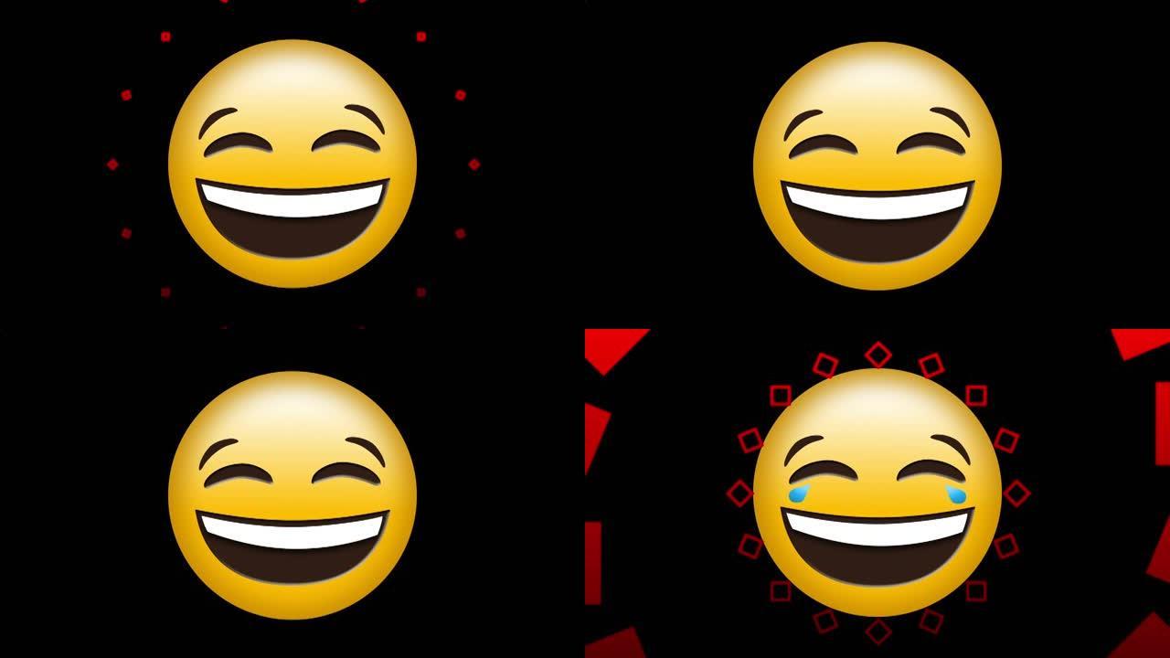 黑色背景上的笑脸表情符号上的红色装饰设计数字动画