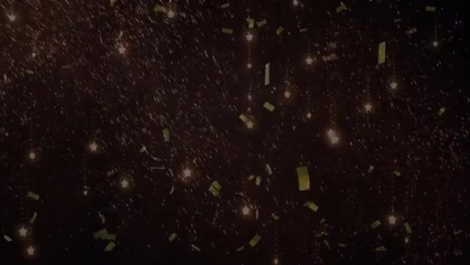 黑色的金色五彩纸屑掉落在烟花爆炸上的动画