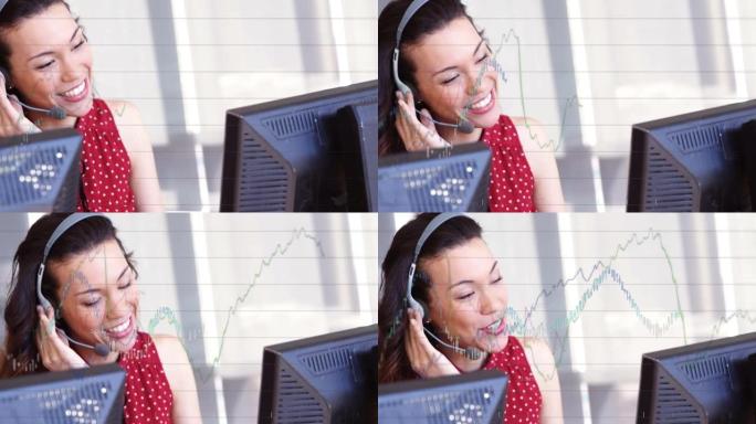 在办公室工作的女商人戴着耳机的财务数据处理动画