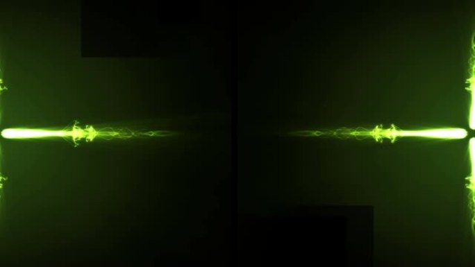 黑色上发光的绿色能量电流从中心向左和向右移动的动画