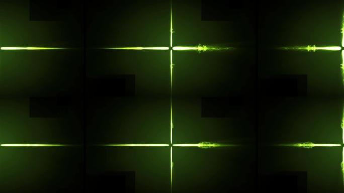 黑色上发光的绿色能量电流从中心向左和向右移动的动画